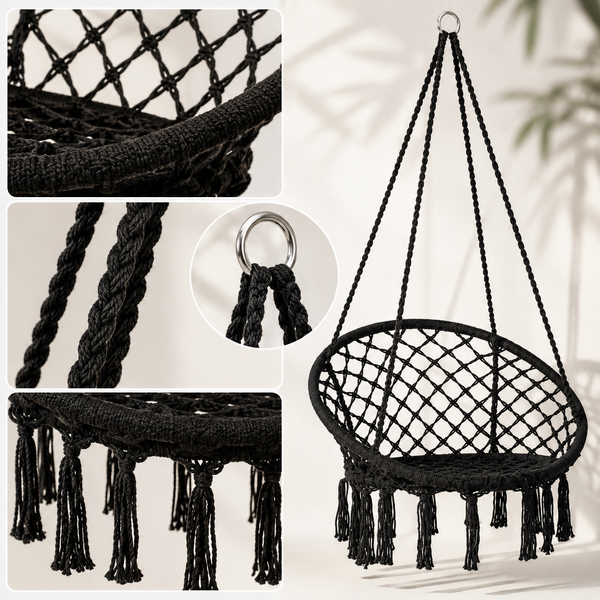 Подвесное кресло-гамак макраме черное Boho, кресло-качель для дома, балкона, террасы и сада до 120 кг 80х60х100 см 00000000000198 фото