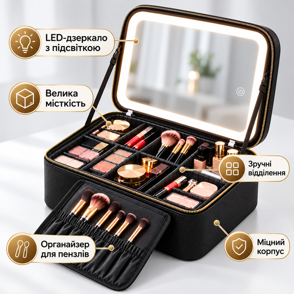 Велика косметичка з дзеркалом та LED-підсвіткою, чорна &mdash; дорожній органайзер і б'юті-кейс для косметики та макіяжу 00000337 фото