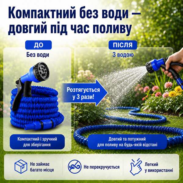 Садовый шланг для полива V-HOSE PRO 45 м с распылителем, растягивается в 3 раза, лёгкий гибкий шланг для сада, огорода, дачи и авто. 0000000000039 фото